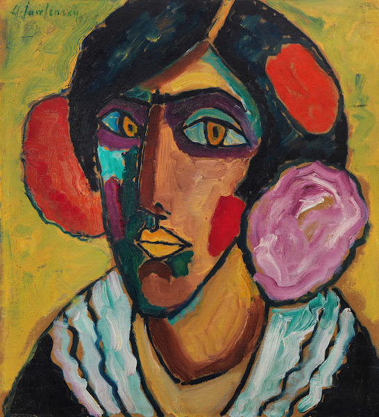 Frauenkopf mit Blumen im Haar ca 1913