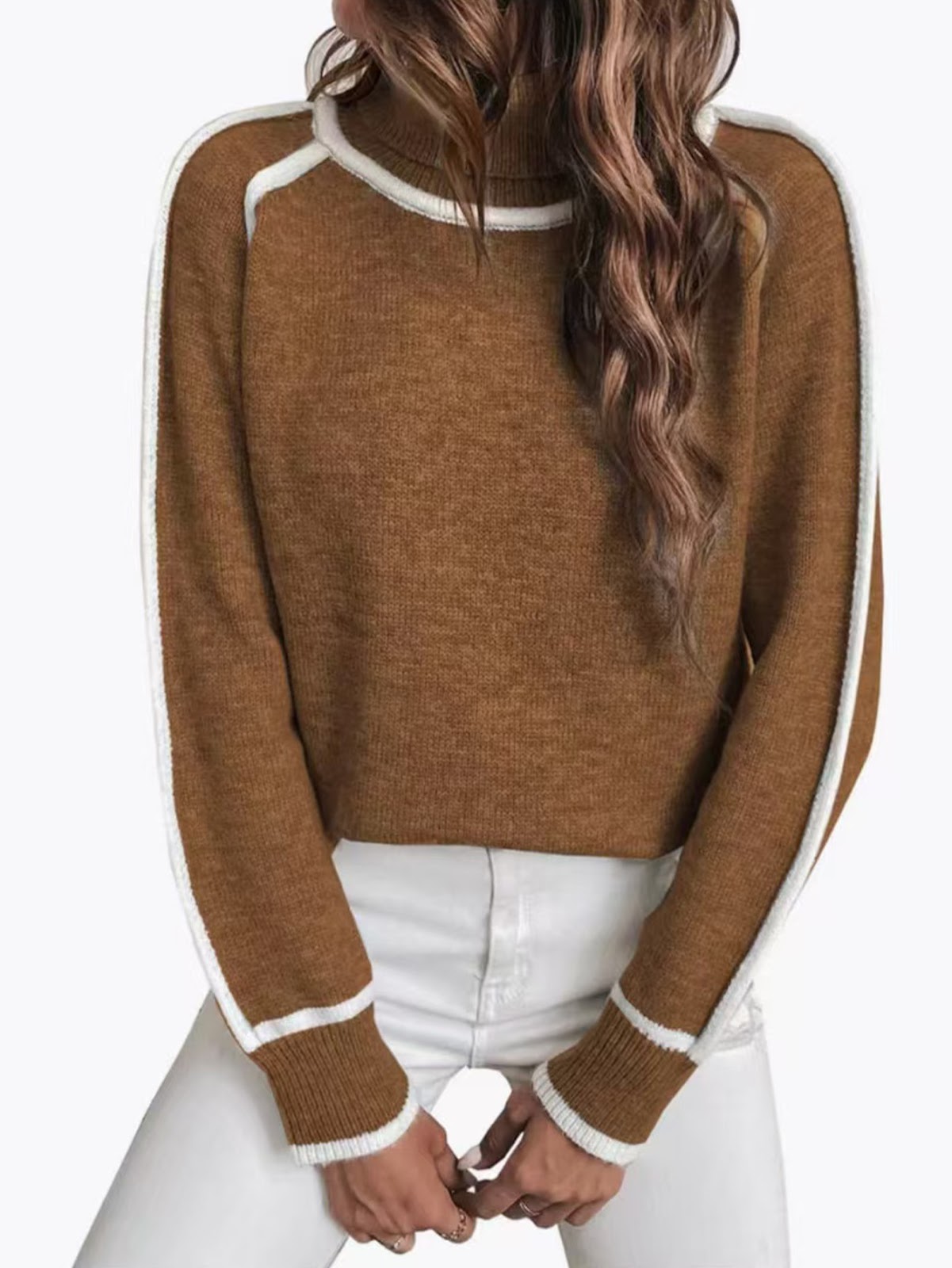 Women's knitted sweater with standing collar and contrast details