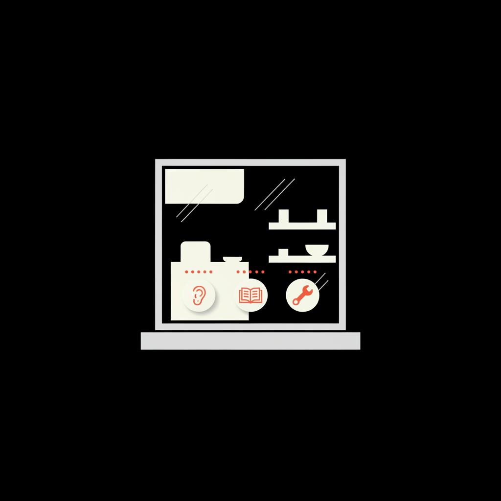 Minimal 2D vector shop window infographic with three icon badges (ear, book, wrench) in Social Success Hub palette conveying trust and simple services.