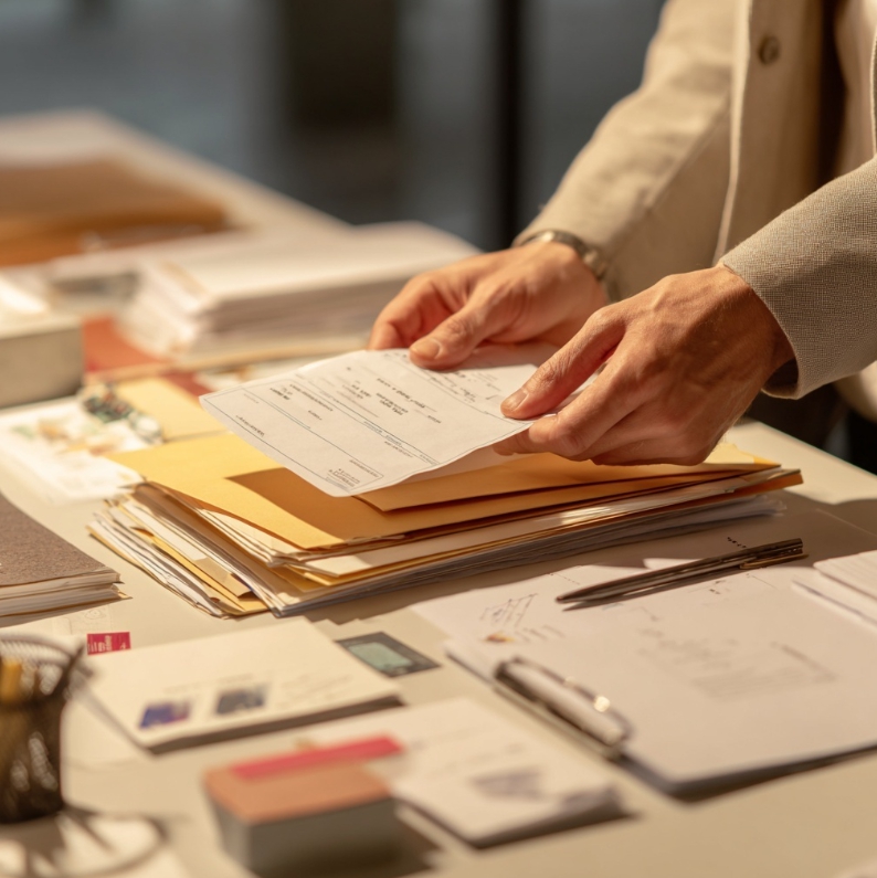 사업 서류를 정리하는 자택 책상