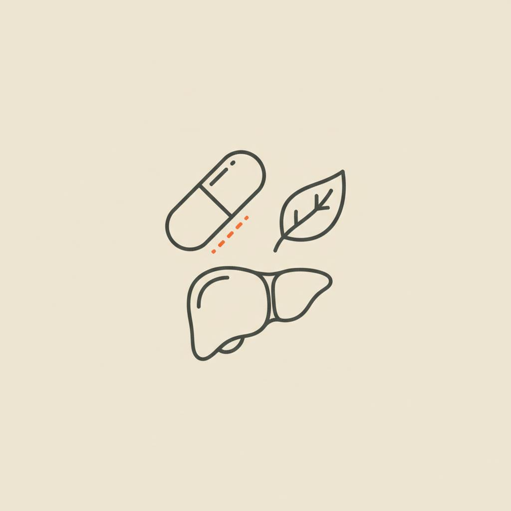 Minimalist Tonum-style line illustration of a capsule, leaf, and simple liver on a beige background representing the benefits of taking berberine supplements