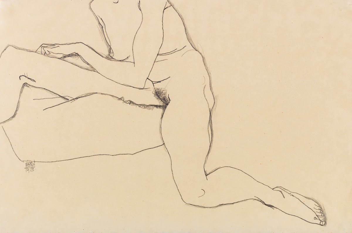 Sitzendes Mädchen mit ausgestrecktem Arm und Bein 1913