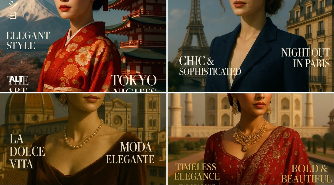 Portada de revista de moda de lujo con monumentos nacionales y estética de la moda.