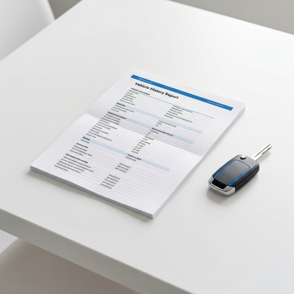 Close up of a vehicle history report printout next to car keys on a white table with blue accents in CarFax Deals style usedcars near me