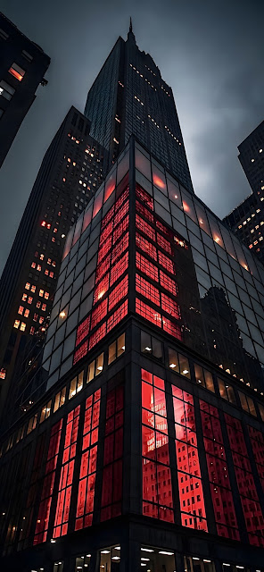 Dramatic Red Reflection on Modern Glass Skyscraper at Night - Free mobile Wallpaper