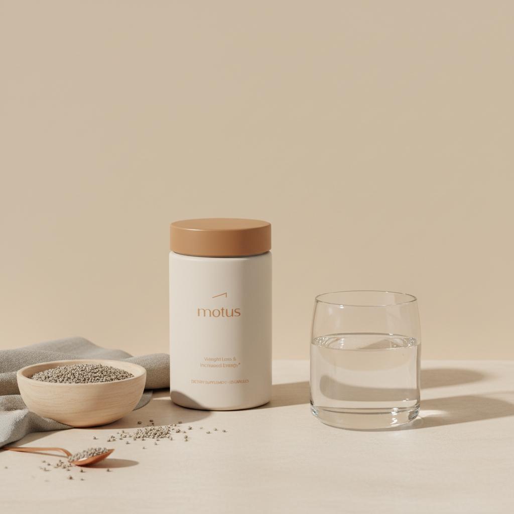 Minimal product photo of a Tonum supplement jar beside a wooden bowl of milk thistle seeds and a glass of water on a beige countertop, promoting silymarin daily use.