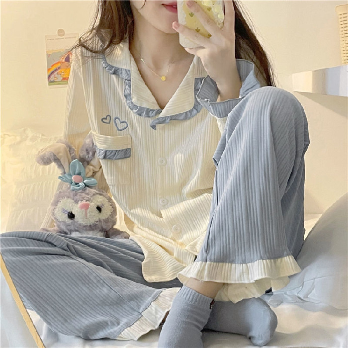 Damen-Pyjama-Set, gerippt, mit Kragen