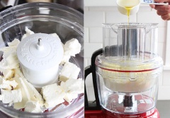 Cho phô mai vào máy xay sinh tố, xay nhuyễn trước, sau đó thêm 100ml kem chua và 1/2 muỗng canh dầu ôliu vào, gia giảm các thành phần theo khẩu vị.