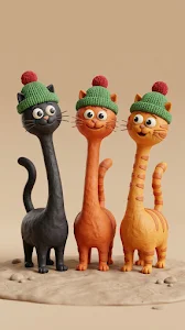 Whimsical 3D Render of Three Stylized Clay Cats with Hats