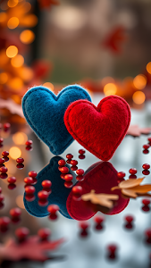 Red and blue felt hearts rest on reflective surface with bokeh