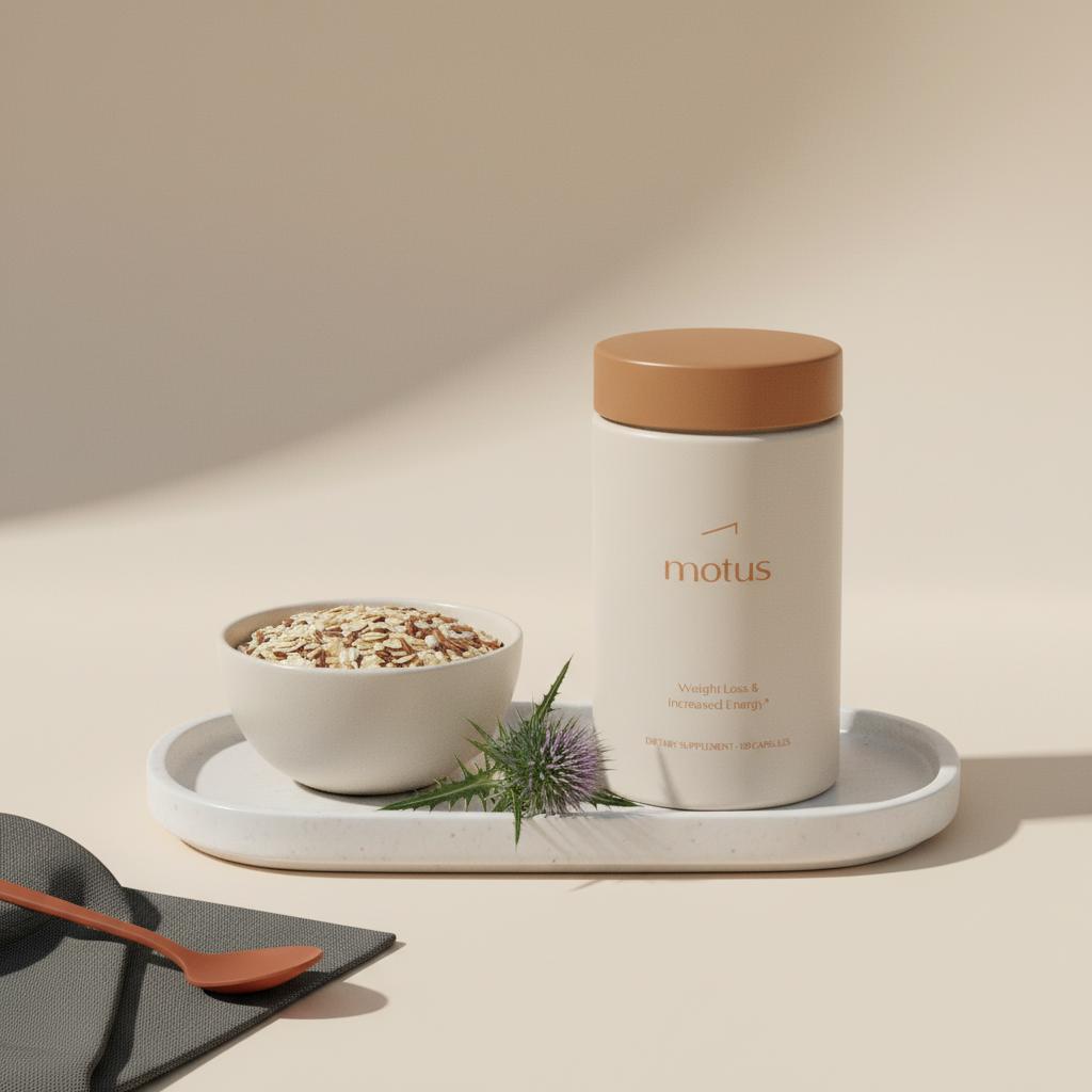 Tonum Motus container on a white ceramic tray beside a bowl of mixed whole grains and a milk thistle sprig, illustrating which organs are responsible for metabolism