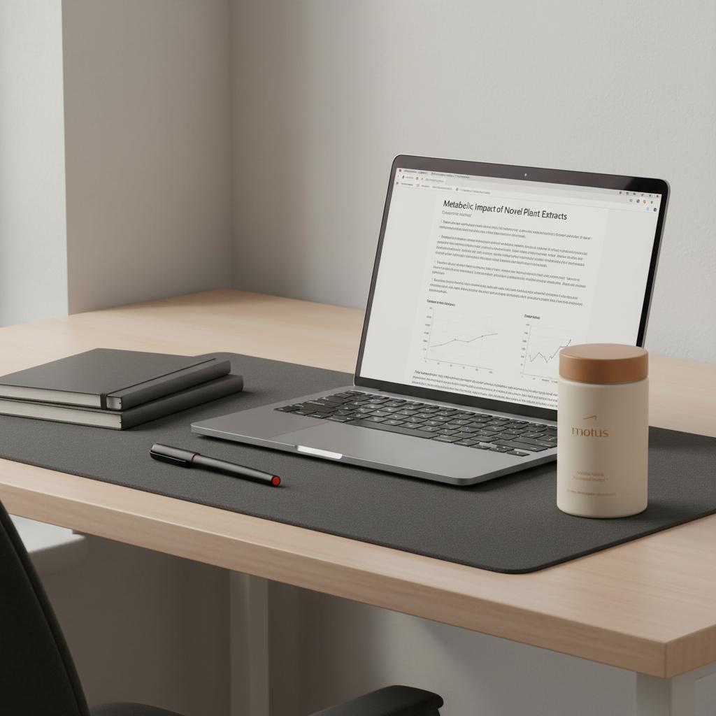 Minimal home office desk with Motus bottle as Oprah weight loss supplement beside a closed notebook and laptop showing a research article, minimalist Tonum styling.