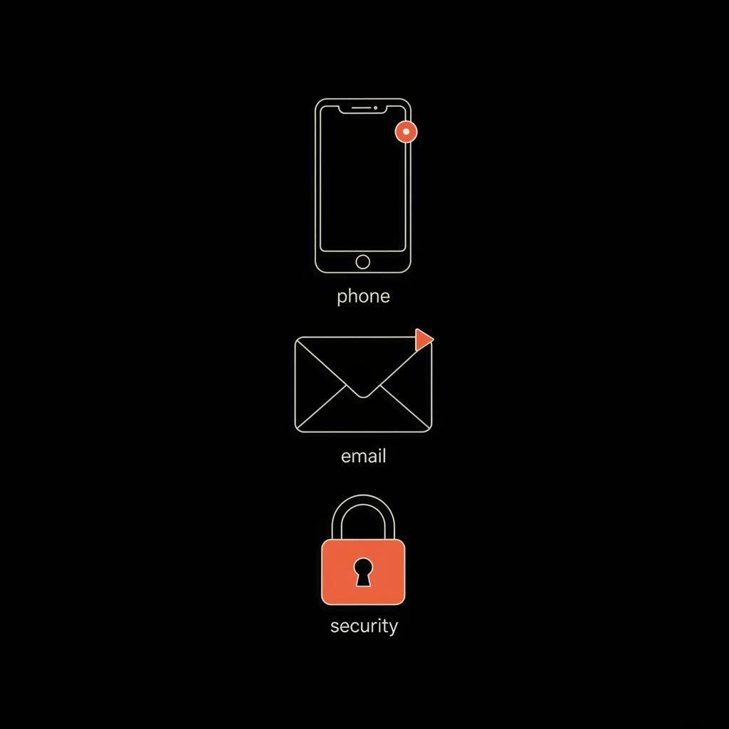 Minimal full-frame infographic with layered phone, email envelope, and padlock icons on black background with #dc5c2b accents — Yahoo account without recovery email