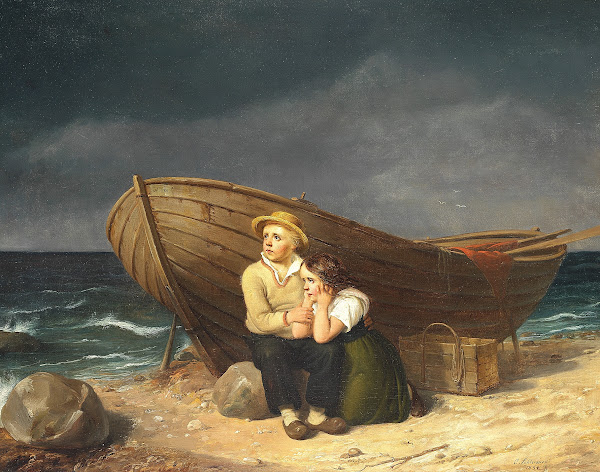 Børn der søger ly ved en båd på stranden 1854