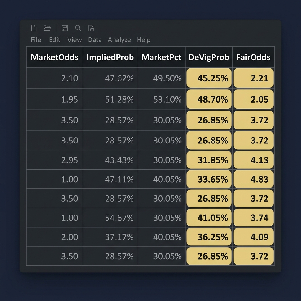 Screenshot style spreadsheet showing MarketOdds ImpliedProb MarketPct DeVigProb and FairOdds with DeVigProb and FairOdds highlighted in pale gold on a dark Funded Plays style background no vig odds