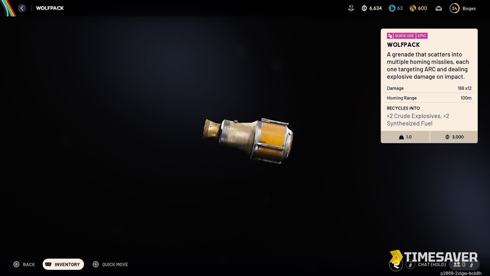 ARC Raiders Wolfpack Epic quick-use grenade item card, a documented drop from the Container Storage locked room