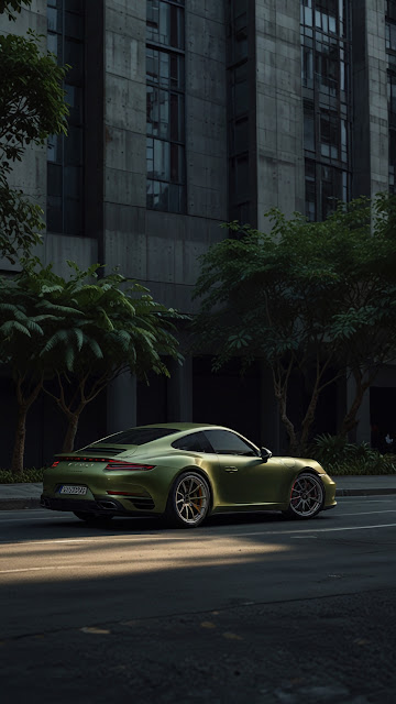 Matte Green Porsche Parked Near Concrete Building - Free mobile Wallpaper