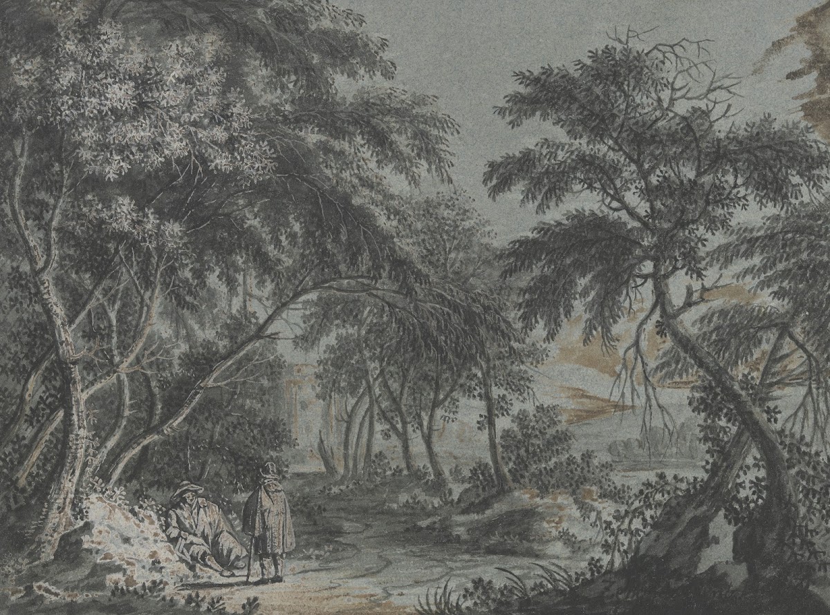 Ausgang aus dem Wald links zwei rastende Wanderer in Mänteln