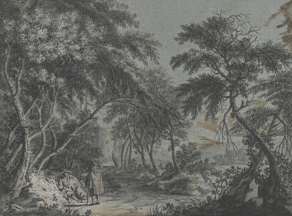 Ausgang aus dem Wald links zwei rastende Wanderer in Mänteln
