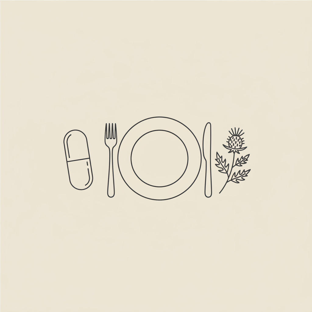 Minimalist vector line illustration of an L-carnitine capsule, a simple plate with fork and knife, and a milk thistle sprig on a beige #F2E5D5 background.