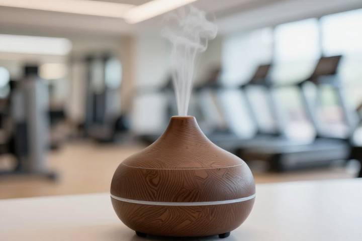 عبوة أنيقة تحتوي على سائل الشوكولاتة الذائب في بيئة صالة الألعاب الرياضية.