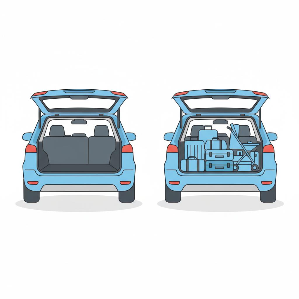 Minimalist rear cargo comparison of two bmw x5 for sale showing one empty cargo area and one with folded seats and loaded gear stylized in blue and charcoal vector
