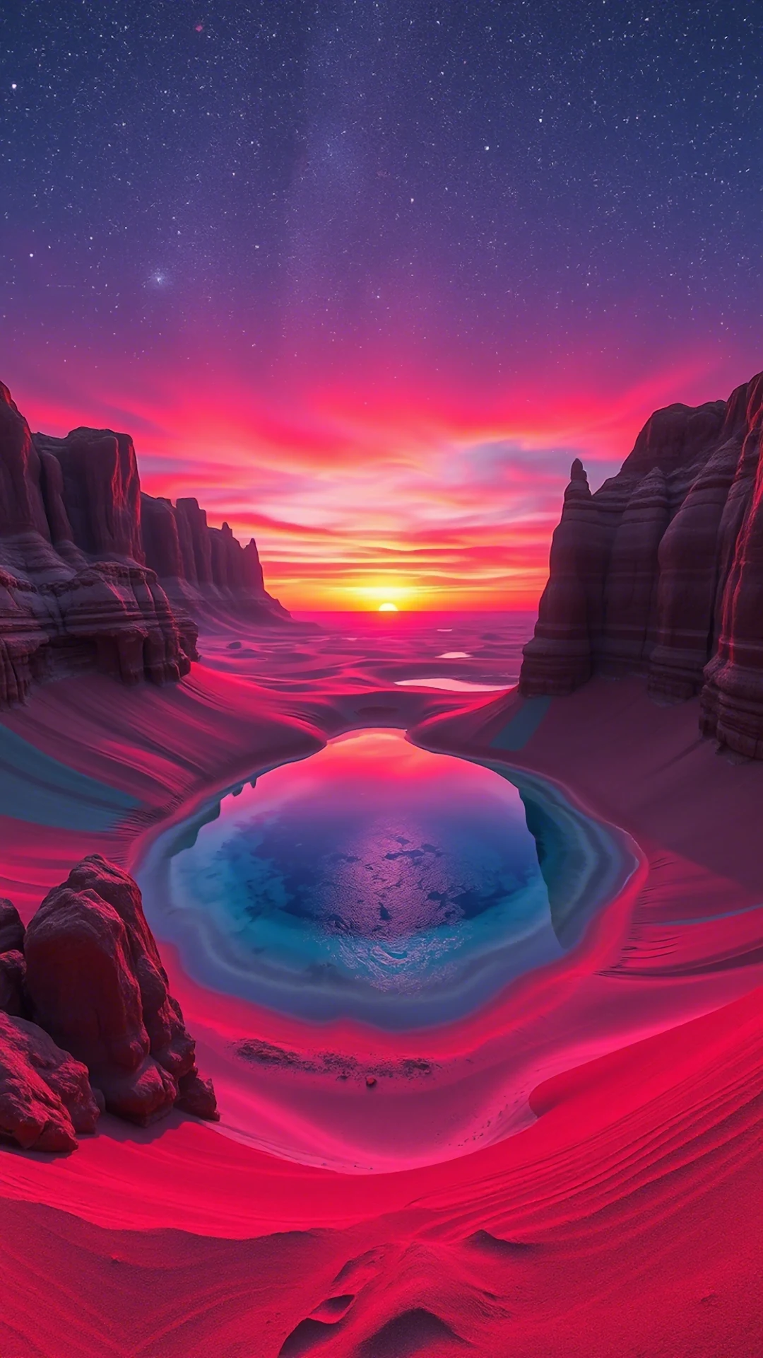 Surreal Crimson Desert Oasis Pink Sunset Landscape - Free 4K mobile Wallpaper