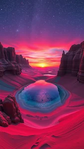 Surreal Crimson Desert Oasis Pink Sunset Landscape