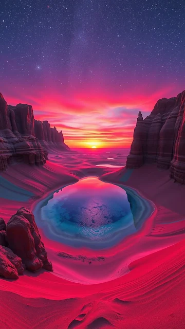 Surreal Crimson Desert Oasis Pink Sunset Landscape