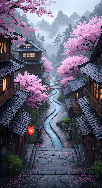 Rainy Sakura Season in Traditional Japanese Village - Free mobile Wallpaper