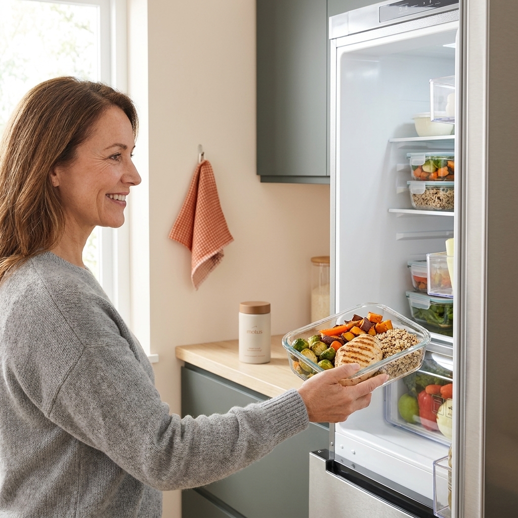 Midlife woman placing a meal-prep container with cooked chicken, roasted vegetables and grains into a refrigerator; Tonum supplement jar on counter - female metabolism after 40
