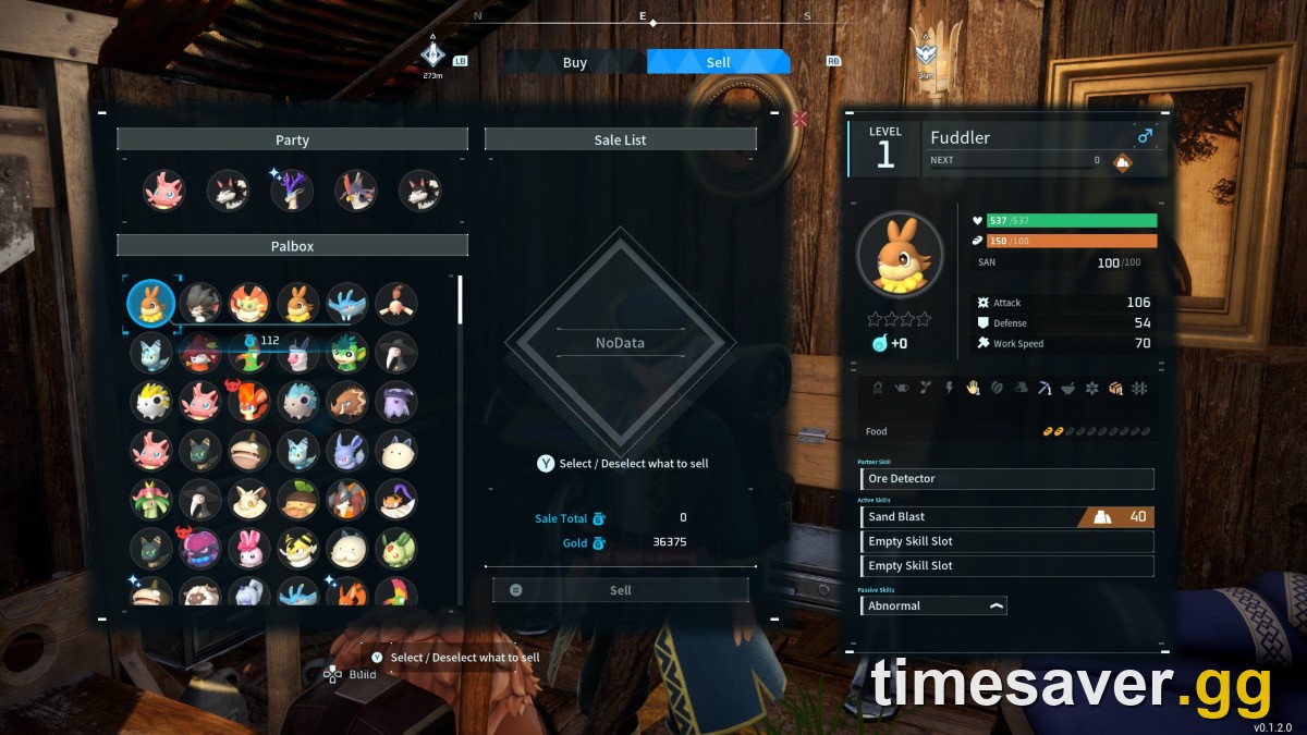 Palworld Palbox and merchant sell screen with the box full of Pals, showing where to condense or offload extras