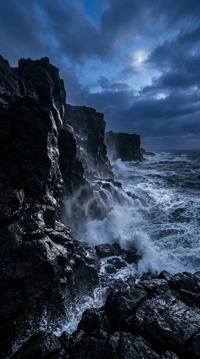 Black Volcanic Cliffs and Stormy Sea Blue Hour Wallpaper - Free 4K mobile Wallpaper