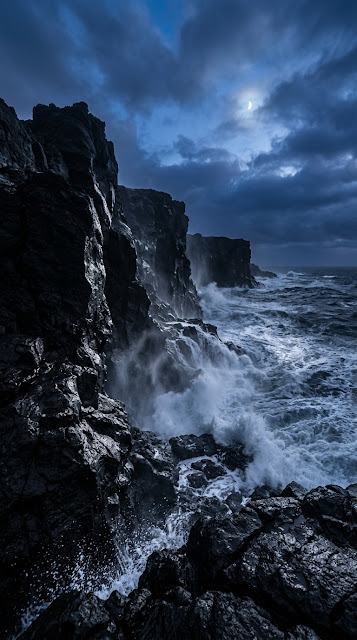 Black Volcanic Cliffs and Stormy Sea Blue Hour Wallpaper - Free mobile Wallpaper