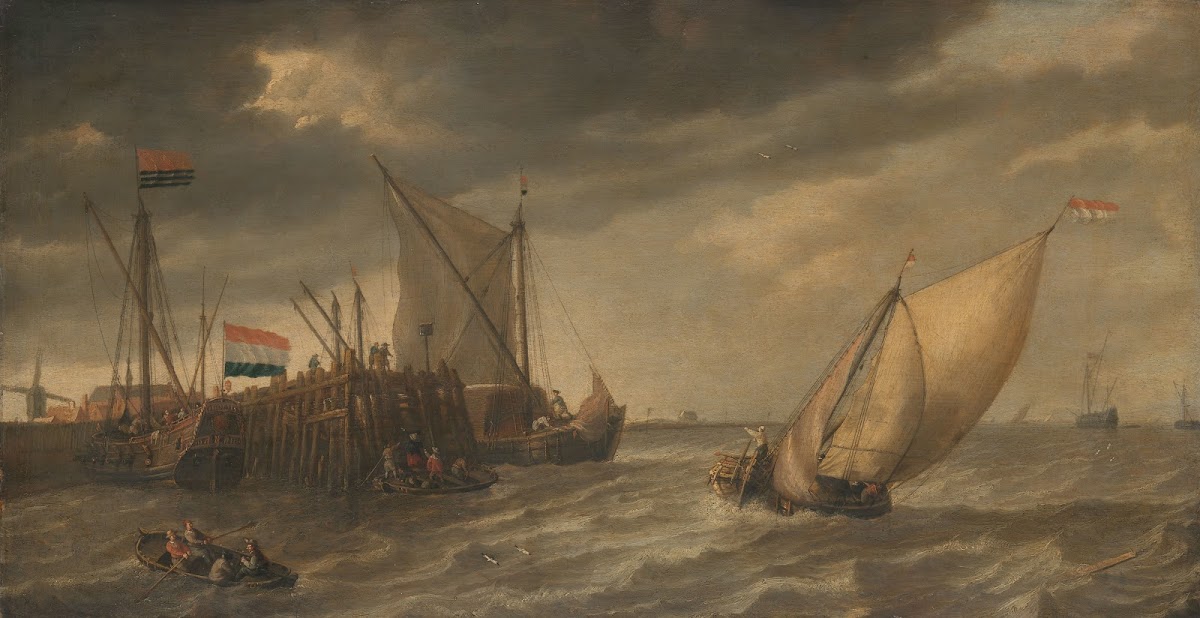 Travellers Disembarking at a Jetty on the Scheldt in Strong Winds c 1635
