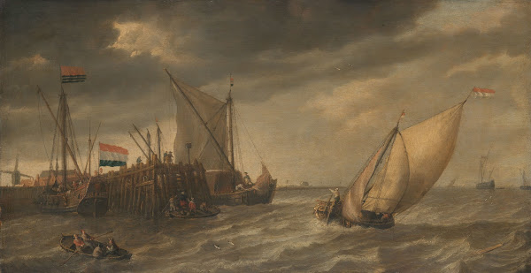 Travellers Disembarking at a Jetty on the Scheldt in Strong Winds c 1635