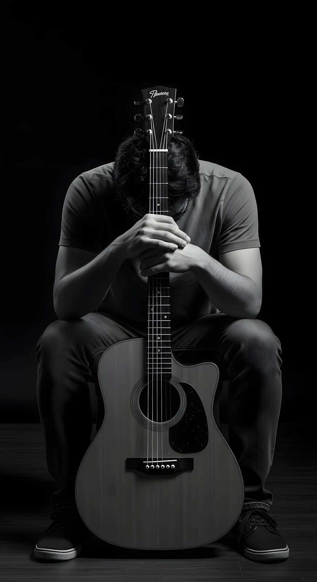 Dramatic Low Key Musician Portrait Acoustic Guitar Monochrome Art - Free 4K mobile Wallpaper