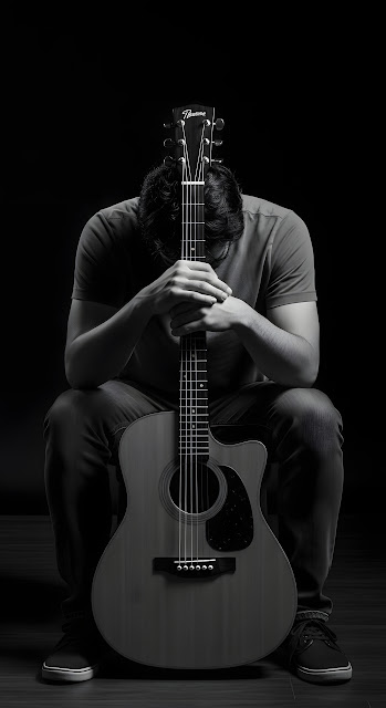 Dramatic Low Key Musician Portrait Acoustic Guitar Monochrome Art - Free mobile Wallpaper