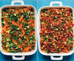 Lớp thứ 6 là hành lá cắt khoanh nhỏ rải vào (nếu bạn không thích hành sống thì có thể thay bằng rau mùi). Cuối cùng là lớp thứ 7 với thịt ba chỉ xông khói đem chiên giòn rồi cắt nhỏ, rải đều khay.