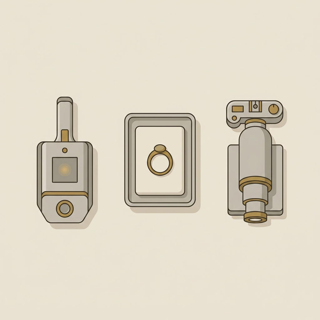 Minimalist vector illustration of a conservator workstation with a portable XRF device next to a tray holding a single ancient rings specimen and a microscope camera on a beige background