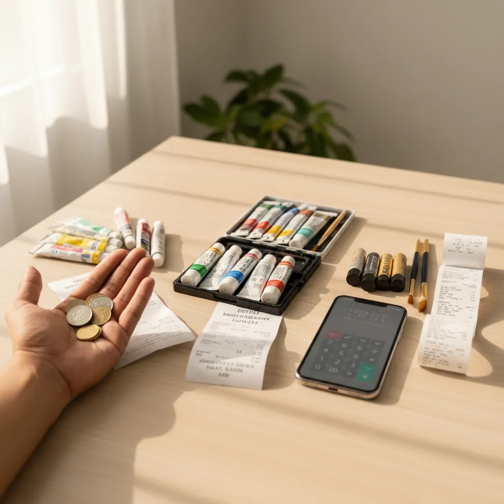 Free art therapy Singapore costs and budgeting scene with art materials, coins, and payment planning