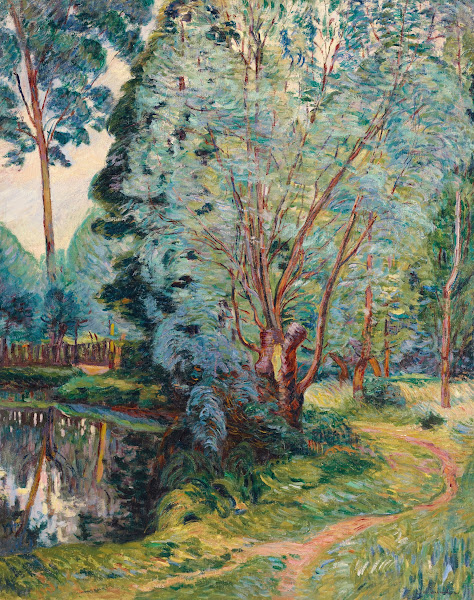 Paysage boise à létang circa 1890