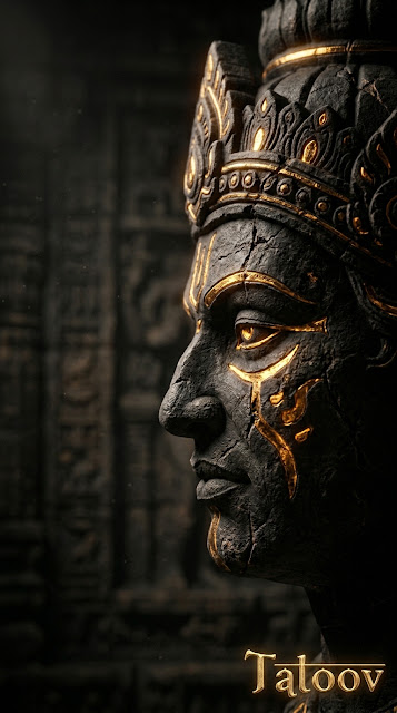 Dark Stone Sculpture Face with Gold Accents - Free mobile Wallpaper