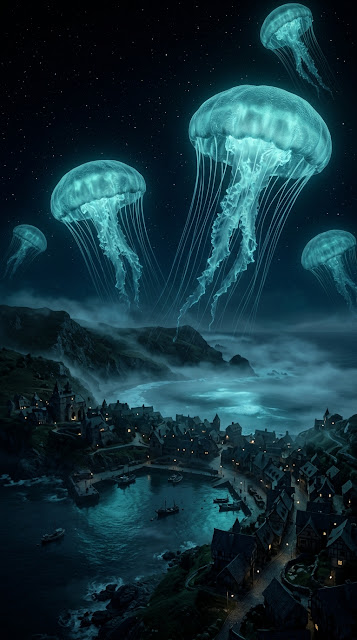 Gigantic Jellyfish Drifting Over Sleeping Coastal Town - Free mobile Wallpaper
