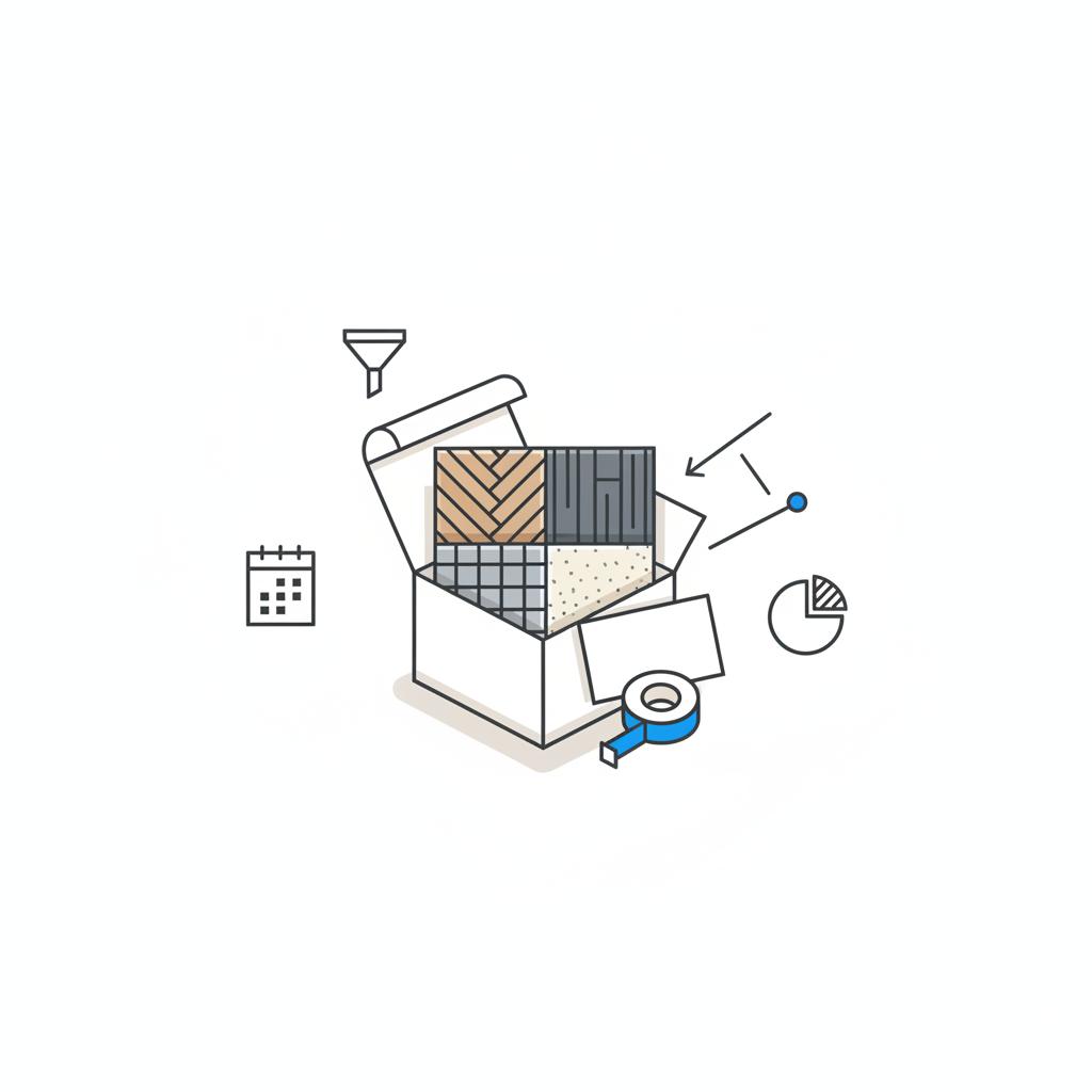 Top-down minimalist vector of an open sample parcel with flooring samples, blank care card and tape measure, notebook-style marketing sketches illustrating how to get leads for flooring business