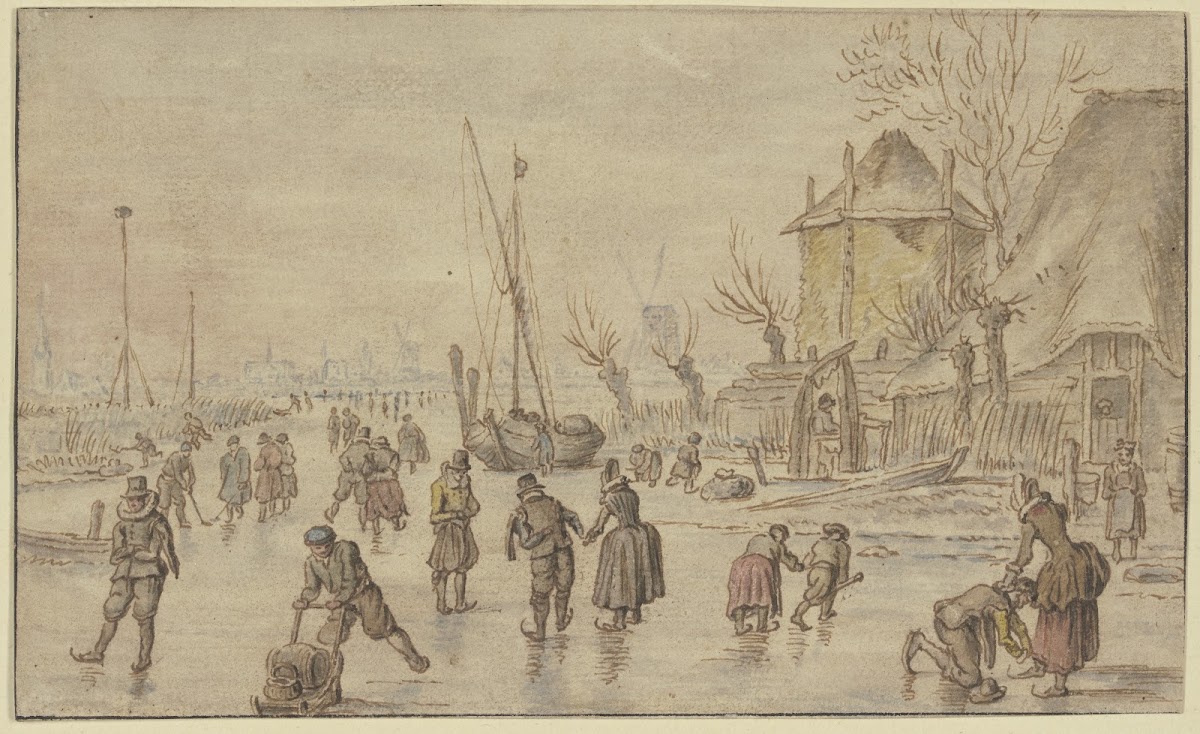 Winterlandschaft auf dem Eis viele Schlittschuhläufer rechts schnallt ein Mann e