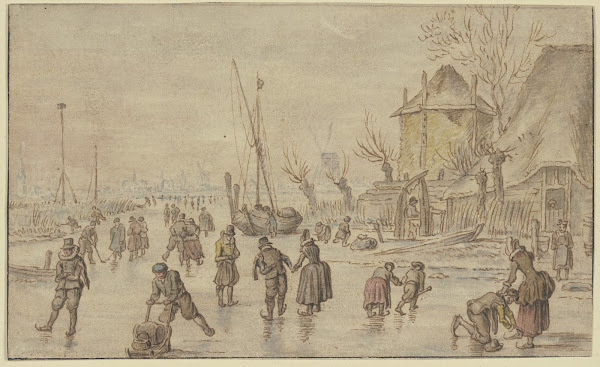 Winterlandschaft auf dem Eis viele Schlittschuhläufer rechts schnallt ein Mann e