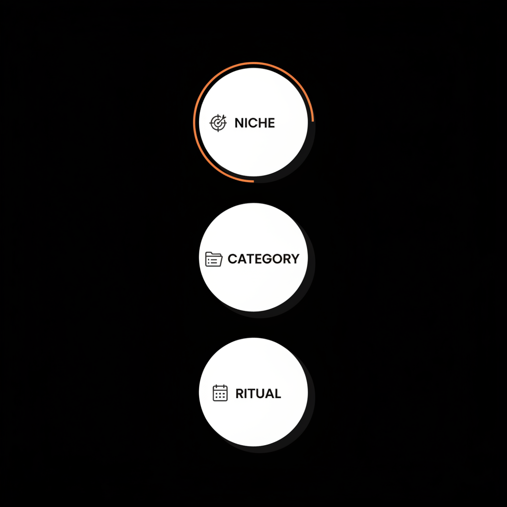 Minimal vector infographic on black background showing three stacked circles labeled Niche, Category, Ritual with clear icons and brand colors, designed for top 3 Instagram hashtags