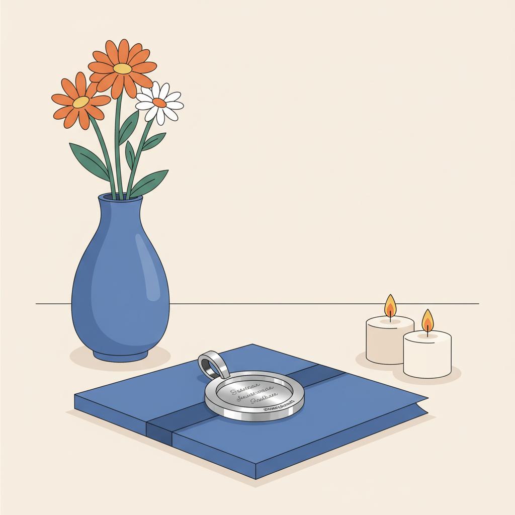 Nahaufnahme eines personalisierten Metallanhängers auf Geschenkpapier mit Kerzenlicht und Vase, dezente Markenfarben und Gravurdetails, Jugendweihe Checkliste