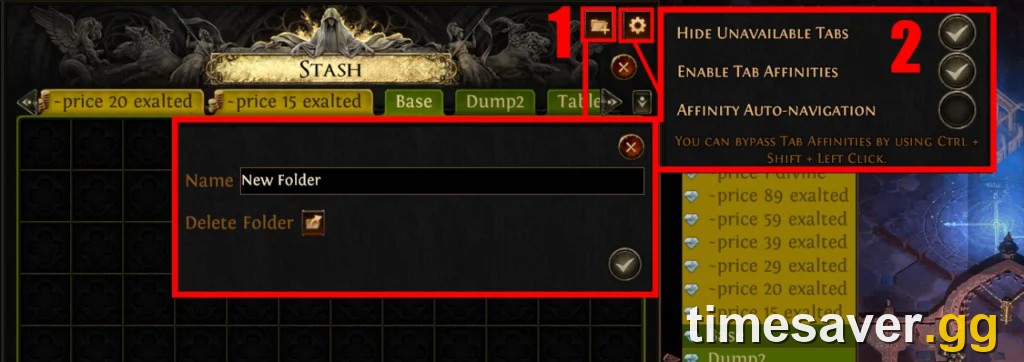 PoE2 stash management screen showing named and priced tabs, folder creation and tab-affinity settings for organizing storage